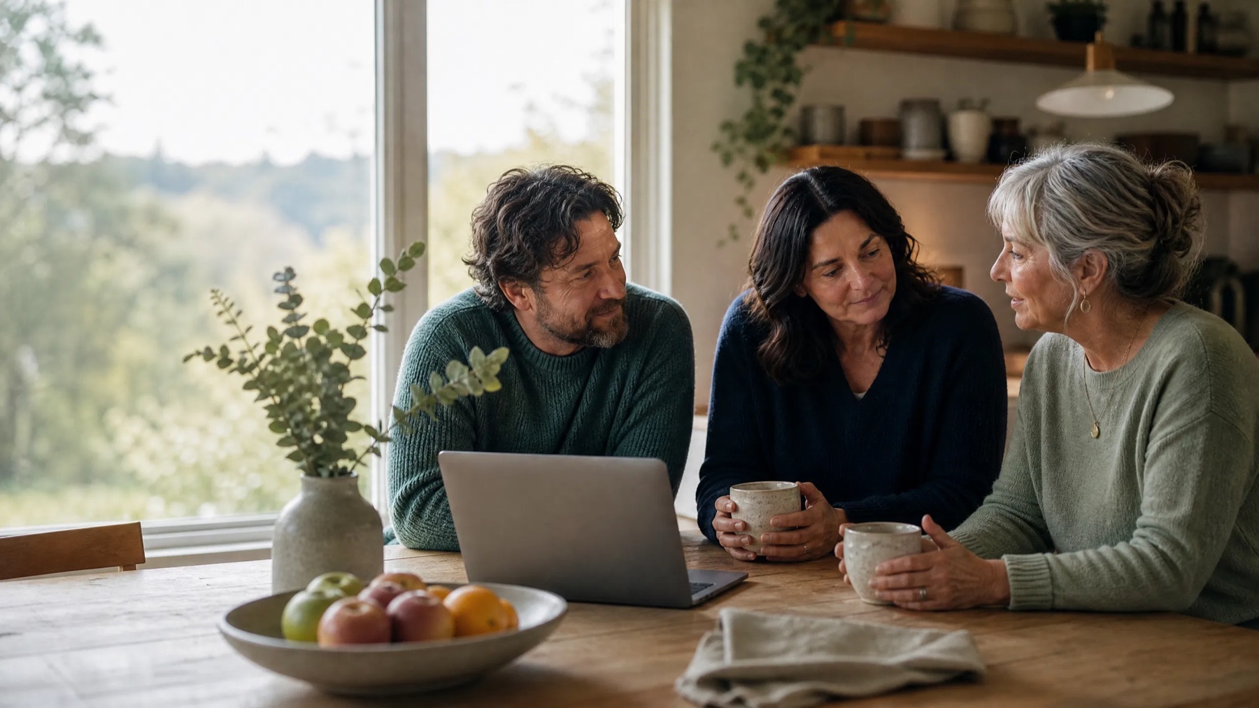 Three family members sitting together at a sunlit kitchen table over a laptop and mugs of coffee, talking something through