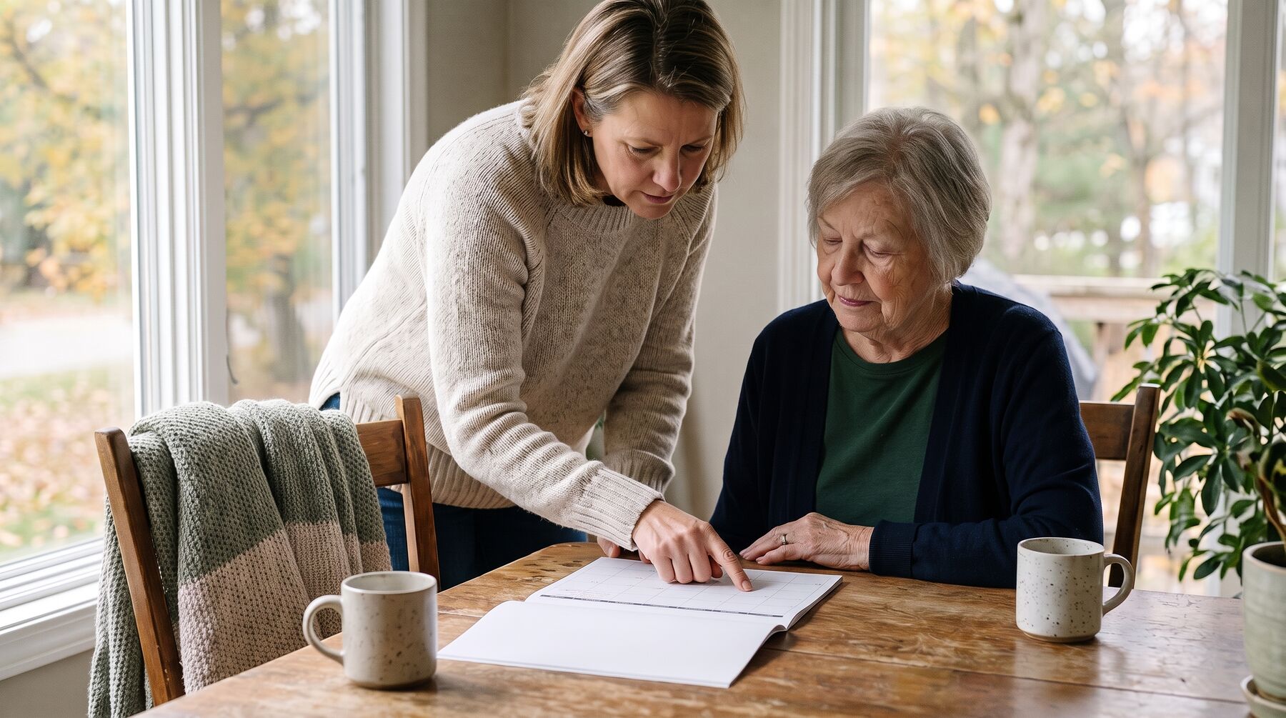 An adult daughter leaning over the kitchen table beside her elderly mother, the two of them working through a wall calendar together